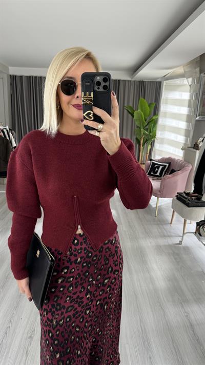 Balon Kol Fermuar Detaylı Bordo Triko