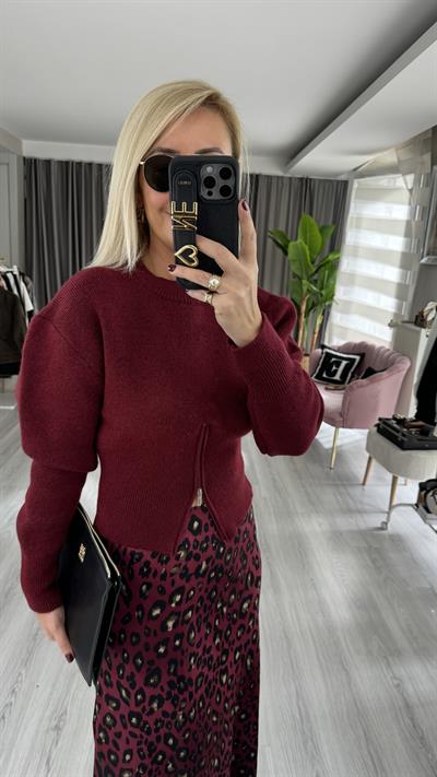 Balon Kol Fermuar Detaylı Bordo Triko