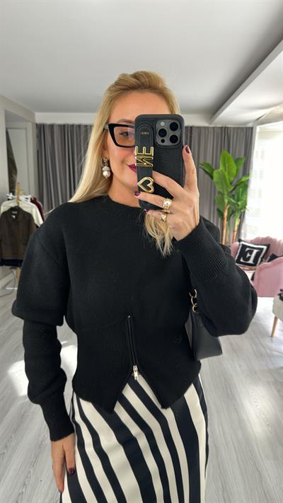 Balon Kol Fermuar Detaylı Siyah Triko