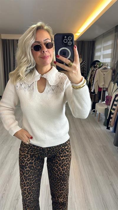 BEBE YAKA DANTEL DETAYLI EKRU TRİKO