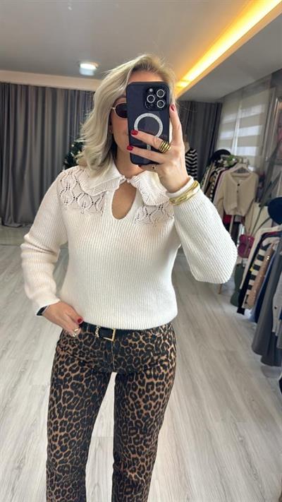 BEBE YAKA DANTEL DETAYLI EKRU TRİKO