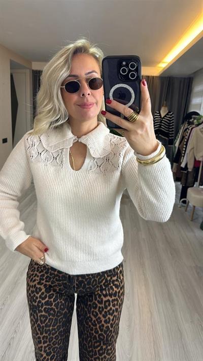 BEBE YAKA DANTEL DETAYLI EKRU TRİKO