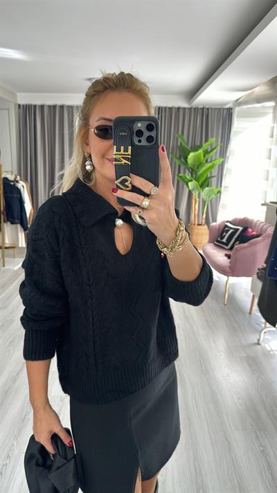Bebe Yaka İnci Düğmeli Örgü Model Siyah Triko