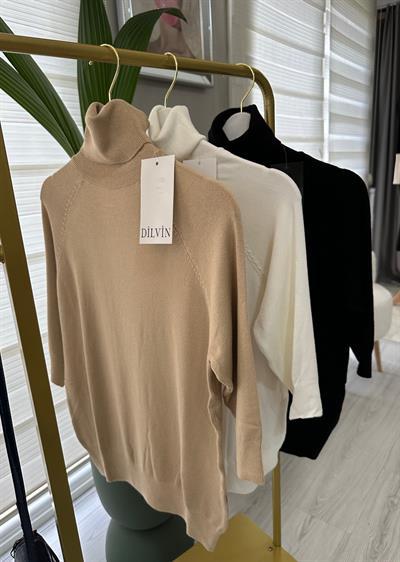 Bej Balıkçı Yaka Yarım Kol Triko