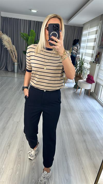 BEJ LACİVERT ÇİZGİLİ MERSERİZE TRİKO