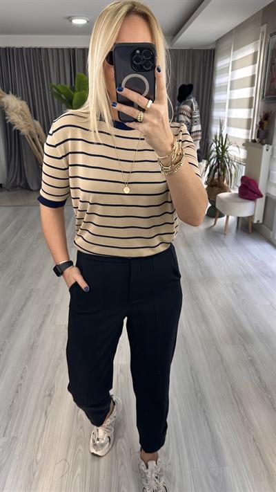 BEJ LACİVERT ÇİZGİLİ MERSERİZE TRİKO