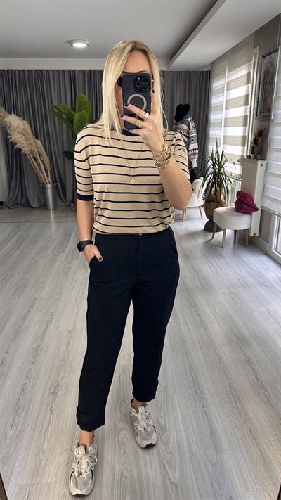 BEJ LACİVERT ÇİZGİLİ MERSERİZE TRİKO