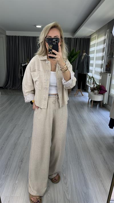 BEJ PALAZZO PANTOLON CEKET  TENCEL KETEN TAKIM