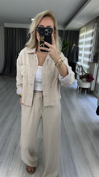 BEJ PALAZZO PANTOLON CEKET  TENCEL KETEN TAKIM