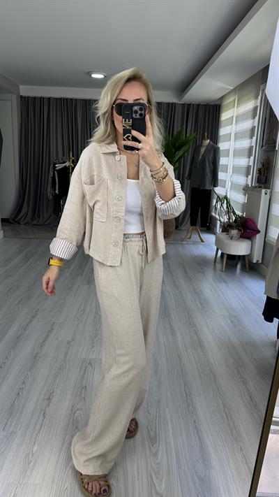 BEJ PALAZZO PANTOLON CEKET  TENCEL KETEN TAKIM