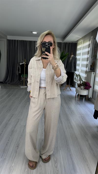 BEJ PALAZZO PANTOLON CEKET  TENCEL KETEN TAKIM