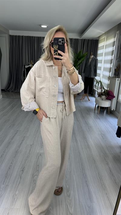 BEJ PALAZZO PANTOLON CEKET  TENCEL KETEN TAKIM