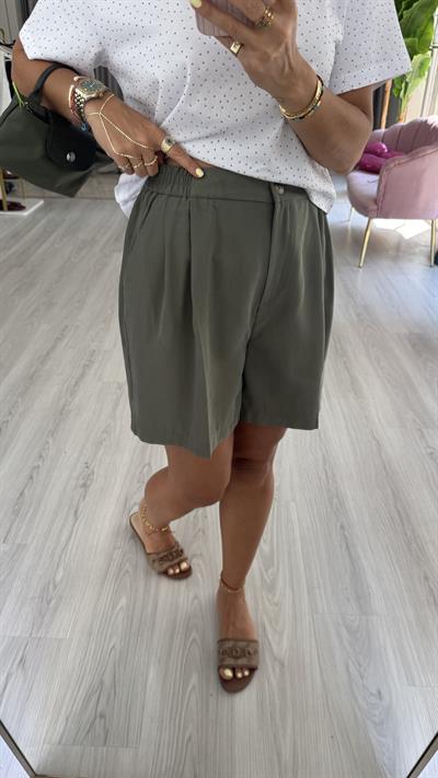 Bel Arkası Lastikli Haki Tencel Şort
