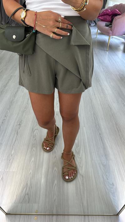 Bel Arkası Lastikli Modal Haki Şort Etek