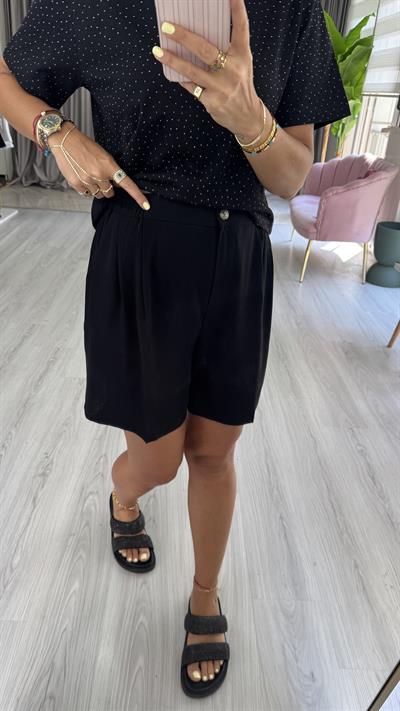 Bel Arkası Lastikli Siyah Tencel Şort