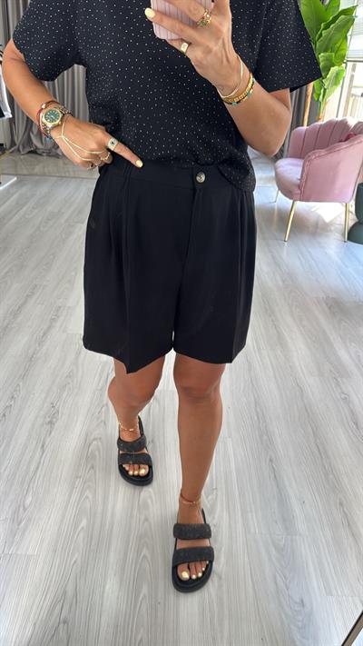 Bel Arkası Lastikli Siyah Tencel Şort
