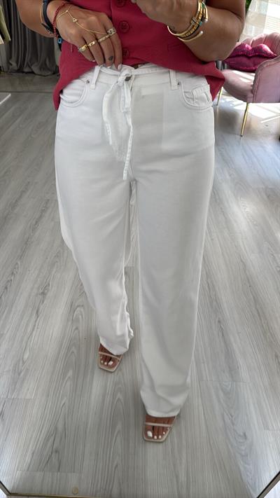 Bel Arkası Lastikli Tencel Beyaz Pantolon