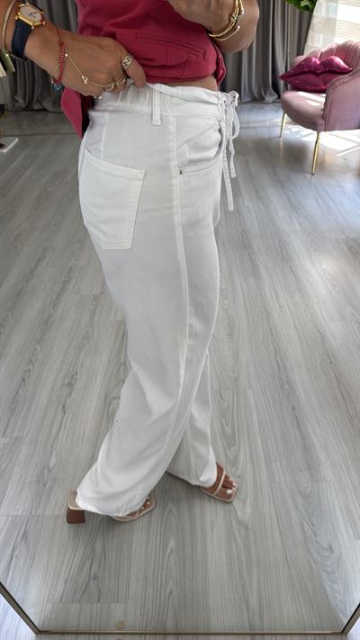 Bel Arkası Lastikli Tencel Beyaz Pantolon