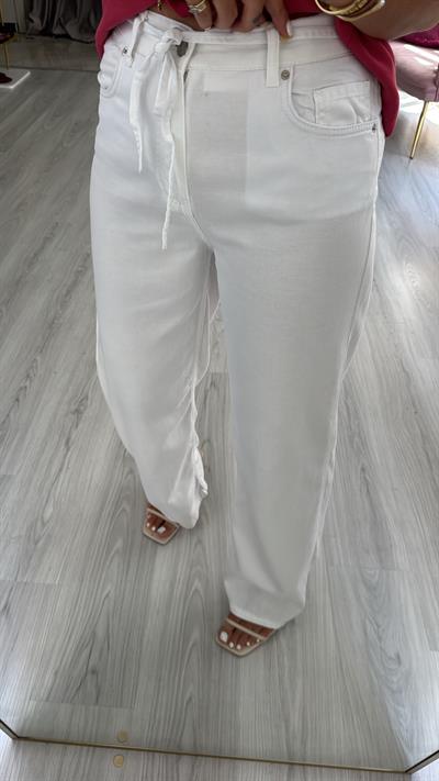Bel Arkası Lastikli Tencel Beyaz Pantolon