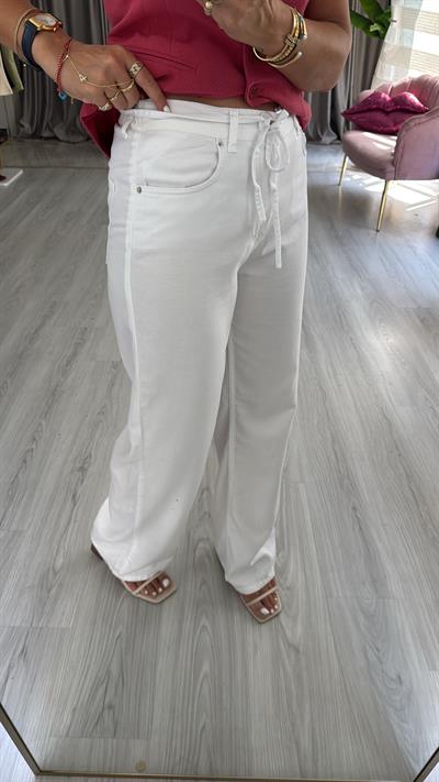 Bel Arkası Lastikli Tencel Beyaz Pantolon