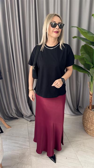 BELİ LASTİKLİ BORDO SATEN UZUN ETEK