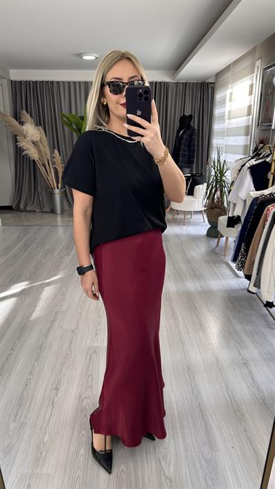 BELİ LASTİKLİ BORDO SATEN UZUN ETEK