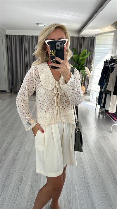 Beli Lastikli Gabardin Ekru Şort