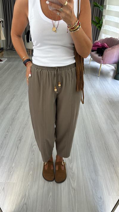 Beli Lastikli Haki Tencel Pantolon