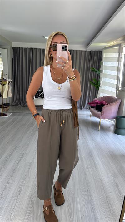 Beli Lastikli Haki Tencel Pantolon