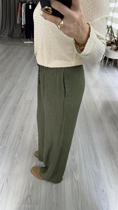 BELİ LASTİKLİ HAKİ TİRİL PALAZZO PANTOLON