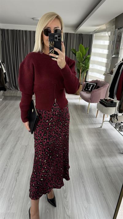 Beli Lastikli Leopar Desen Bordo Saten Etek