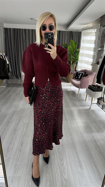 Beli Lastikli Leopar Desen Bordo Saten Etek