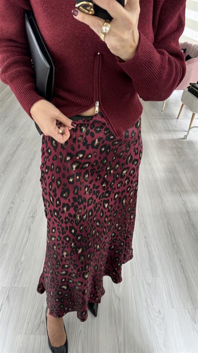 Beli Lastikli Leopar Desen Bordo Saten Etek