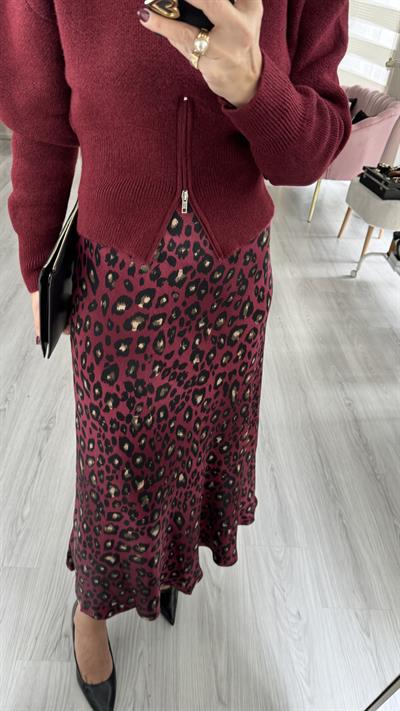 Beli Lastikli Leopar Desen Bordo Saten Etek
