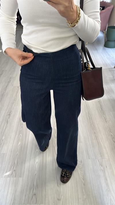 Beli Lastikli Likralı Lacivert Palazzo Jean
