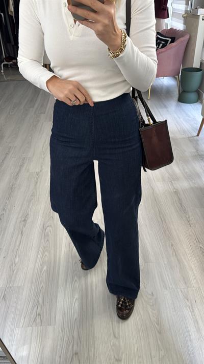 Beli Lastikli Likralı Lacivert Palazzo Jean
