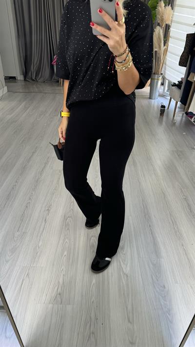 Beli Lastikli, Pamuklu, Toparlayıcı Siyah Tayt Pantolon