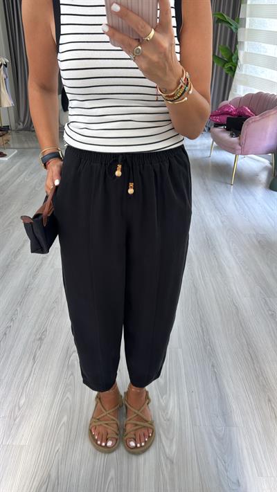 Beli Lastikli Siyah Tencel Pantolon