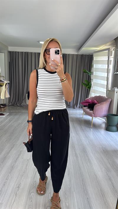 Beli Lastikli Siyah Tencel Pantolon