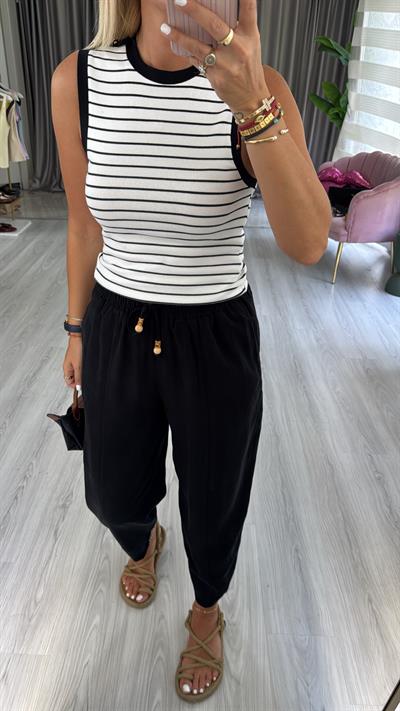 Beli Lastikli Siyah Tencel Pantolon