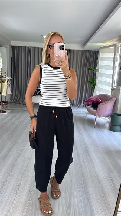 Beli Lastikli Siyah Tencel Pantolon