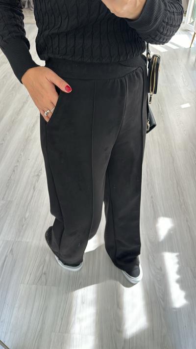 Beli Lastikli Süet Siyah Pantolon