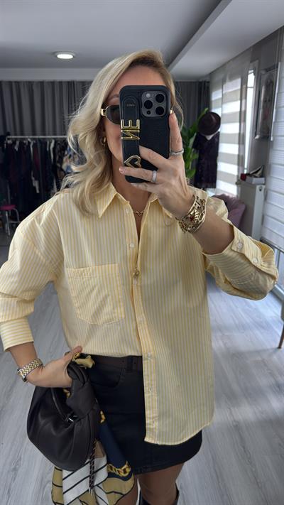 Beyaz Çizgili Sarı Poplin Gömlek