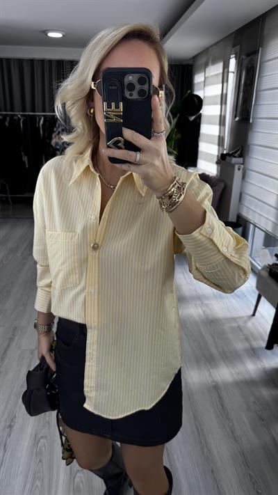 Beyaz Çizgili Sarı Poplin Gömlek