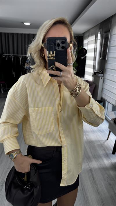 Beyaz Çizgili Sarı Poplin Gömlek