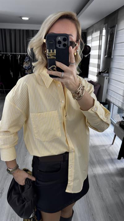 Beyaz Çizgili Sarı Poplin Gömlek