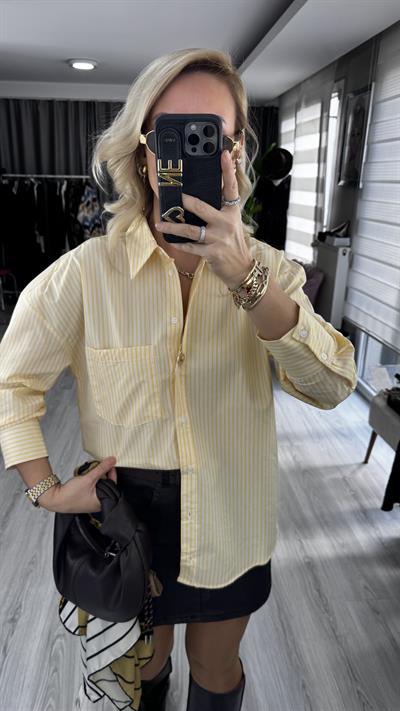 Beyaz Çizgili Sarı Poplin Gömlek