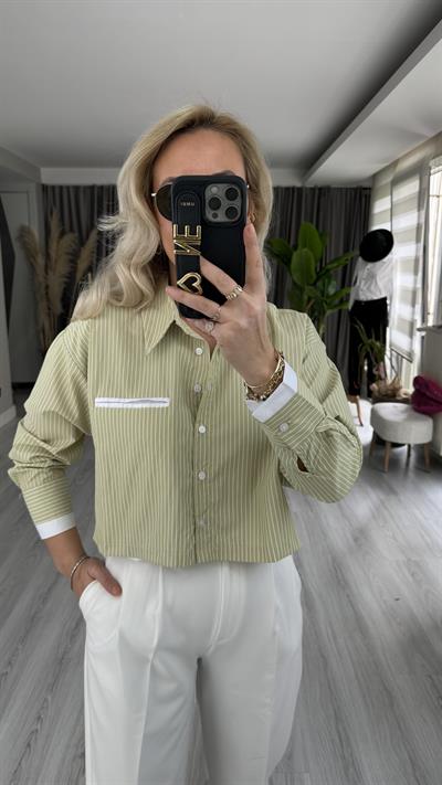 BEYAZ ÇİZGİLİ YEŞİL CROP GÖMLEK