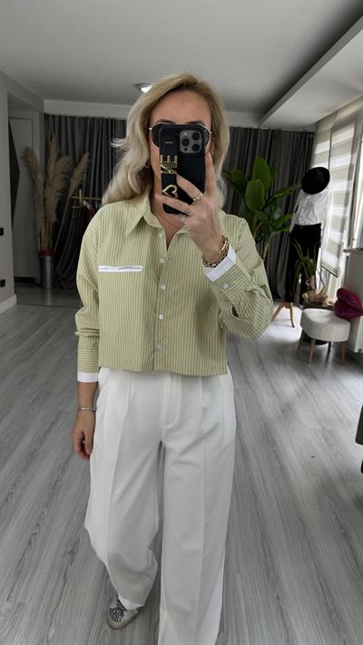 BEYAZ ÇİZGİLİ YEŞİL CROP GÖMLEK