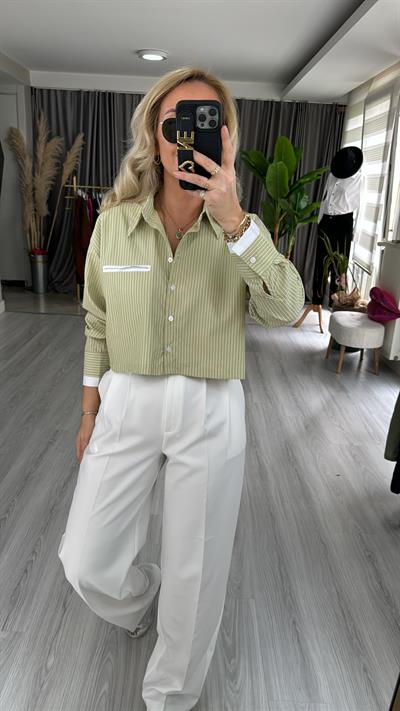 BEYAZ ÇİZGİLİ YEŞİL CROP GÖMLEK